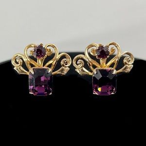 Rare Coco Vintage Gold Tone with Purple Amethyst Stone Screw Back Earrings
